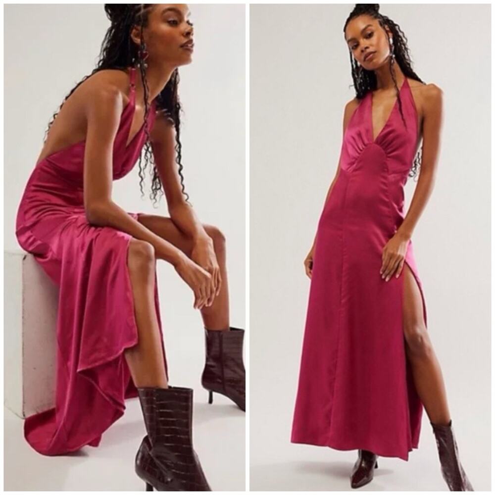 NEW Free People Boho Chic Satin Halter Maxi Dress M/L Backless Side Slit Pink